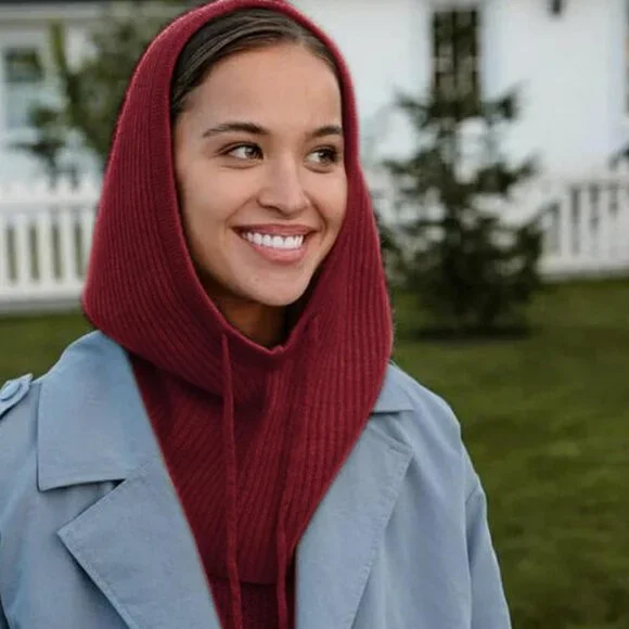 Women Scarf Hat Balaclava Beanie Skull Cap with Drawstring Warm Hat Burgundy - Picture 7 of 7